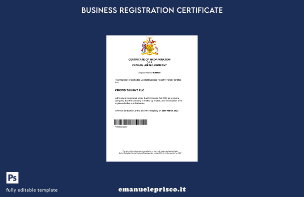Certificato di registrazione Barbados in stile verificato Modello Word e PDF